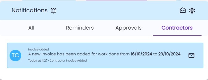 Contractor invoice notification in Playroll dashboard