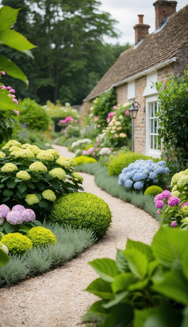 A quaint cottage garden with lush hydrangea bushes, winding paths, and a charming mix of colorful flowers and greenery