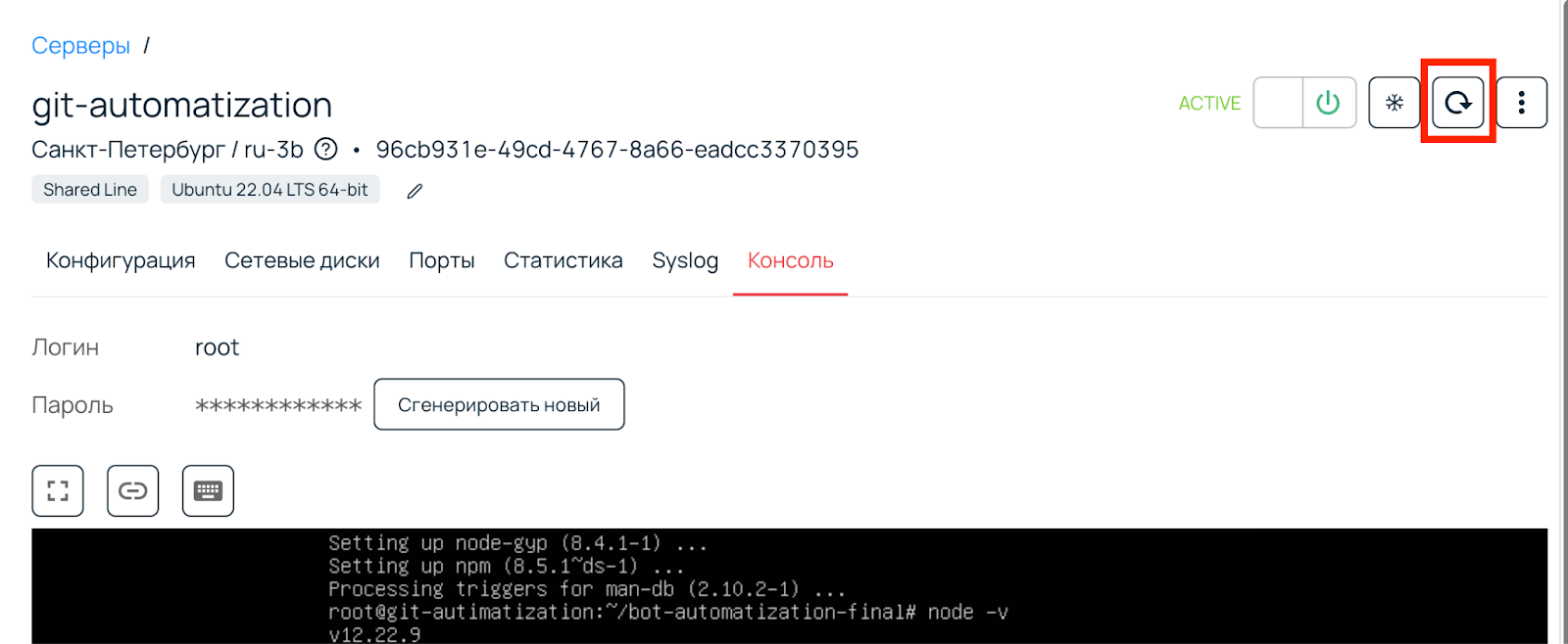 Раздел «Консоль» в настройках сервера.