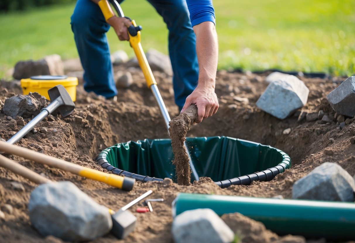 A person digging a hole in the ground, surrounded by tools, rocks, and a small pond liner