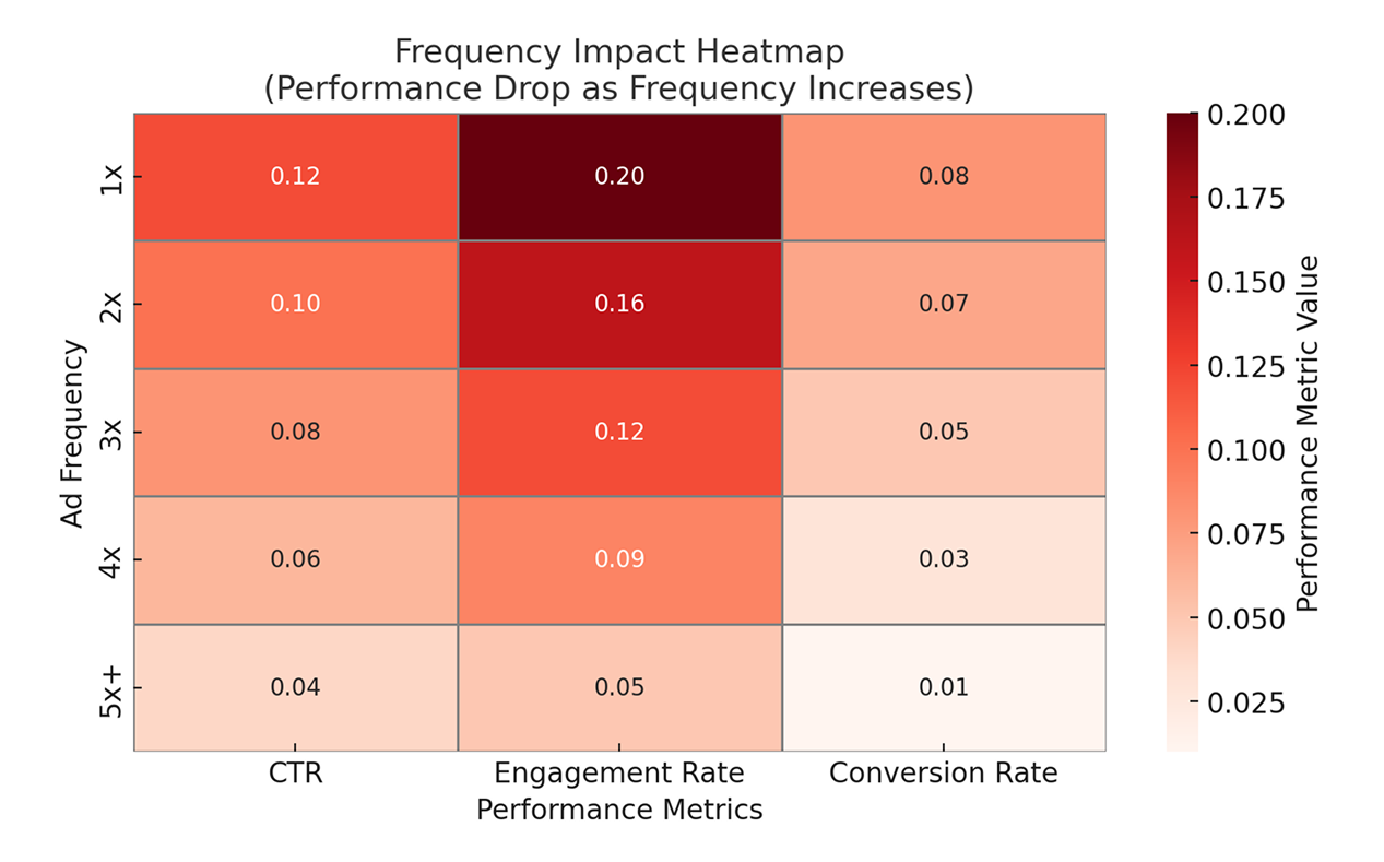Frequency impact heatmap showing how ad performance can decline if ad frequency keeps rising