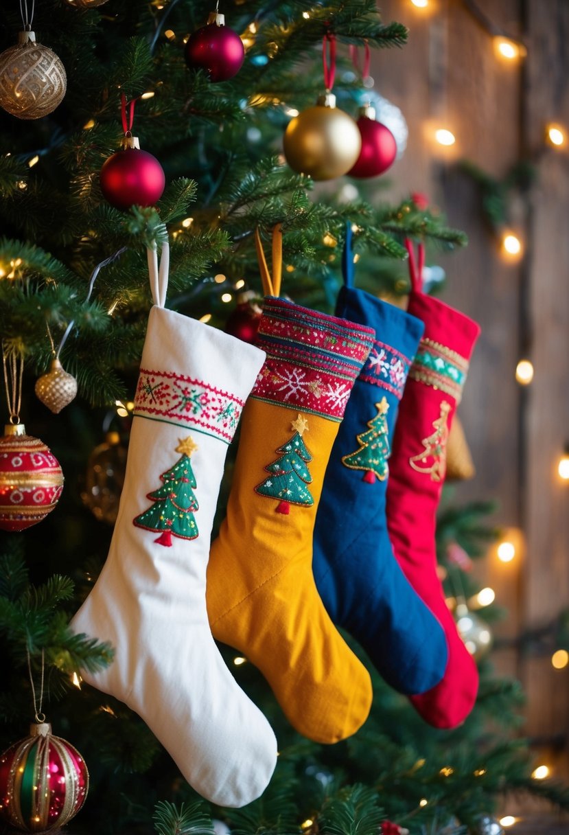 Colorful embroidered stockings hanging from a rustic Christmas tree adorned with twinkling lights and festive ornaments