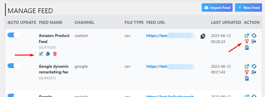 CTX Feed Manage Feed Screen