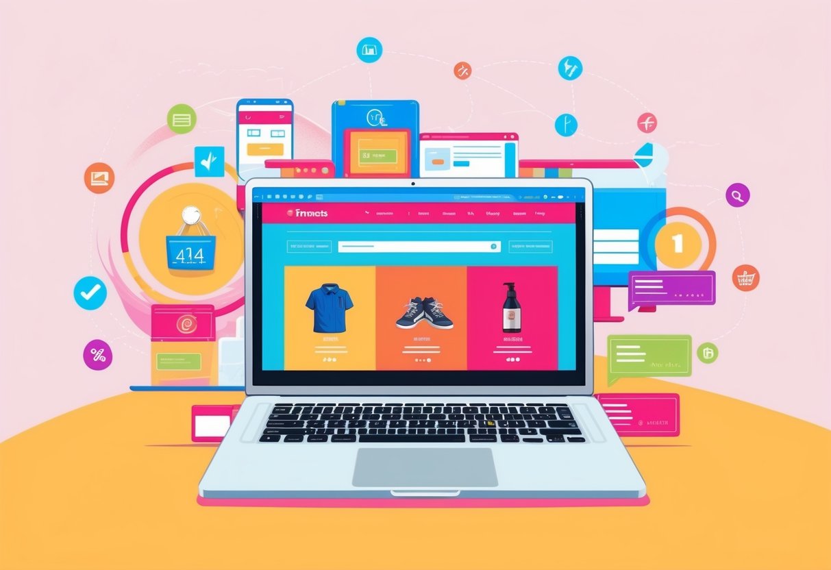 A laptop displaying a vibrant e-commerce website with various products, surrounded by engagement metrics and user feedback icons. Zombie Digital