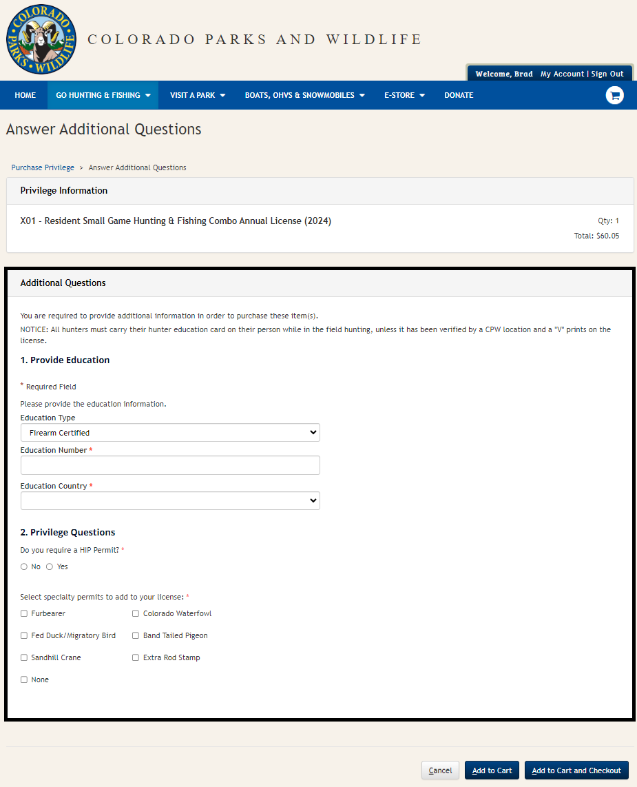 CPWshop.com proof of hunter education page with the option to add a harvest information program registration and additional specialty permits.