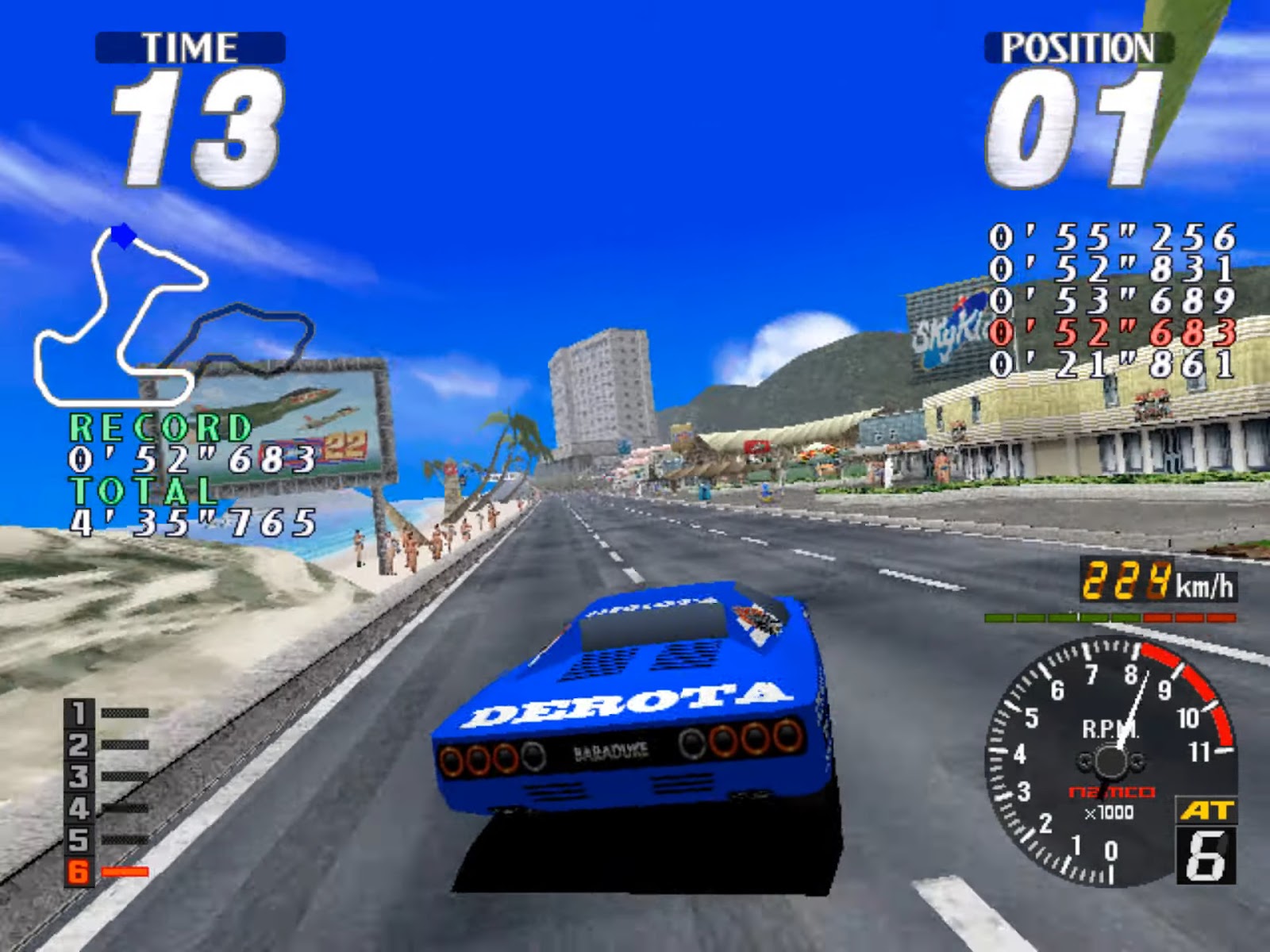 Blue car in first place drives on a beach road with 13 seconds left. 