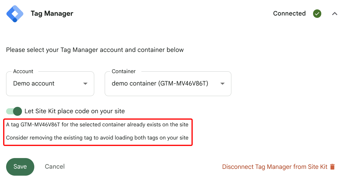 Message displayed when Site Kit detects already placed GTM container