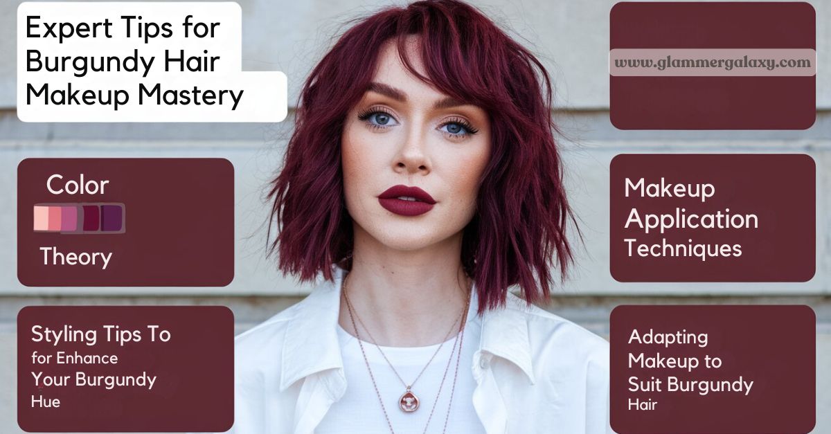 Woman with burgundy hair, makeup tips text overlay.