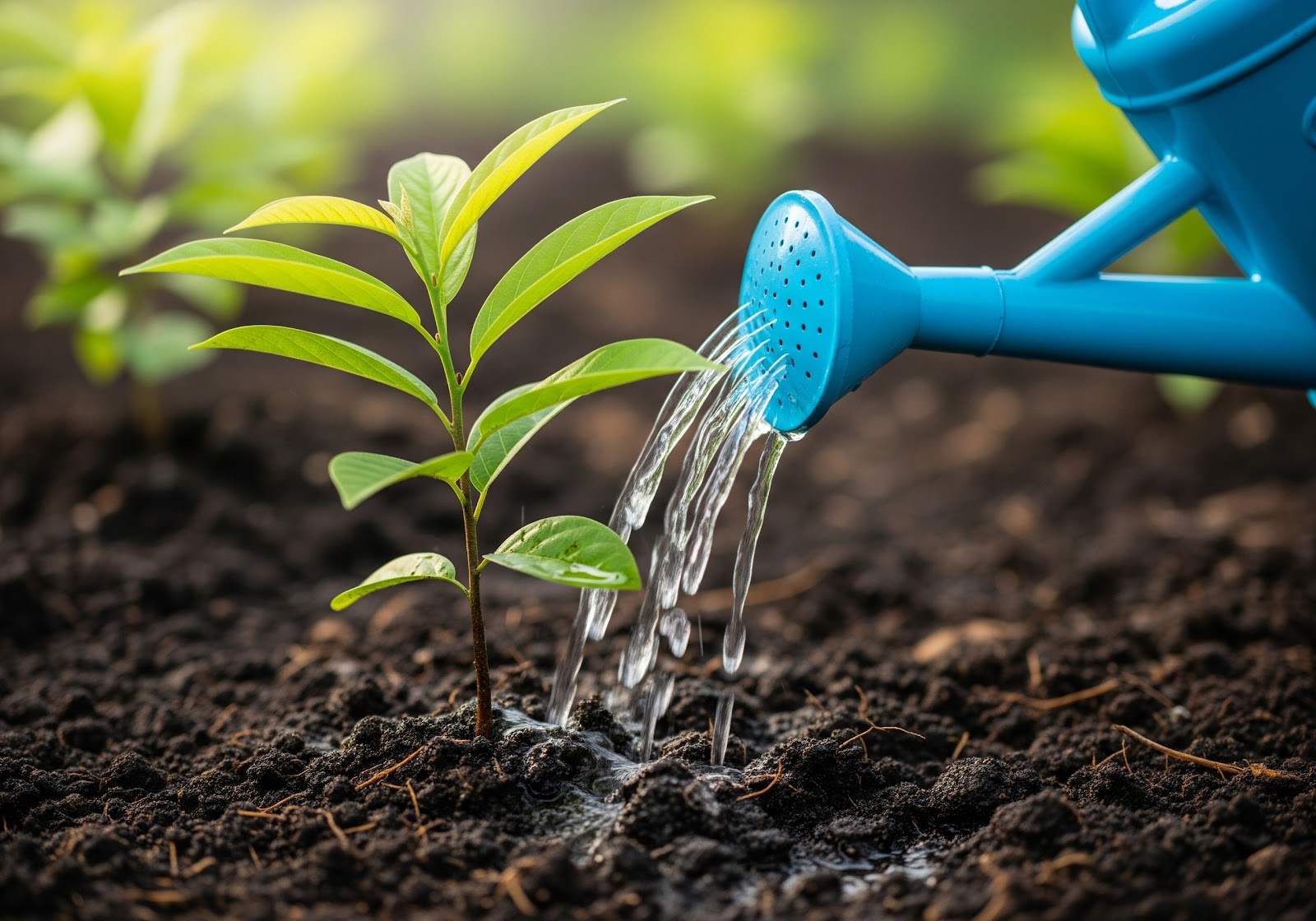Um regador azul despejando água em uma planta jovem de atemoia, com o solo escuro e úmido ao redor das raízes.