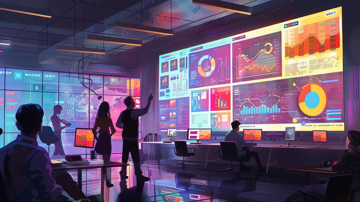 a sleek, modern office workspace showcases a vibrant web design team collaborating over digital mockups on large screens, with abstract charts and performance metrics illustrating the impact of integrated seo strategies for optimal user engagement.
