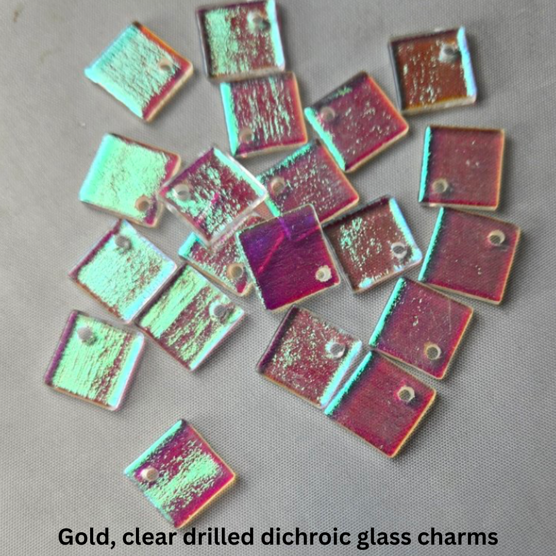 Gold, clear drilled dichroic glass charms.