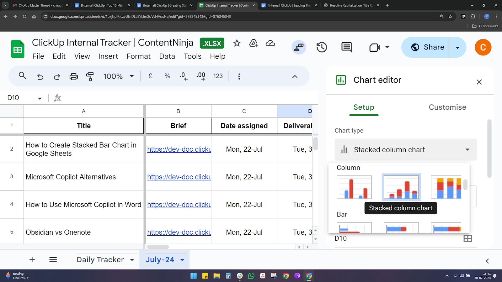 Paso 3: Elige e inserta un gráfico para crear un gráfico de barras apiladas en Hojas de cálculo de Google