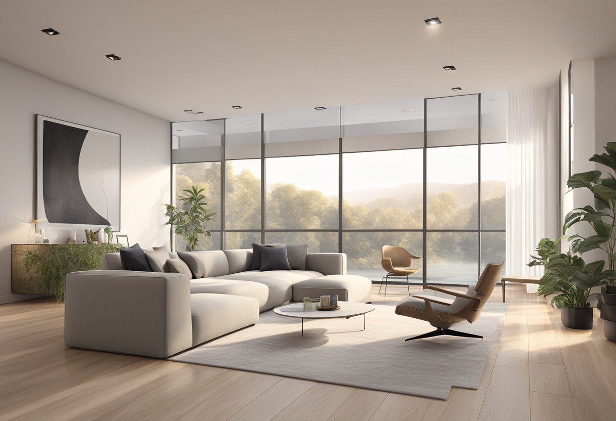 A bright, modern studio with sleek, minimalist decor. Clean lines and neutral colors create a serene atmosphere. Light floods in through large windows, casting a warm glow on the polished surfaces