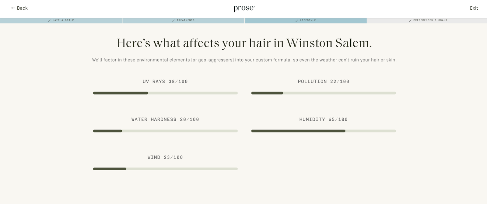 a screenshot of part of the Prose customization quiz, which says "Here's what affects your hair in Winston Salem"