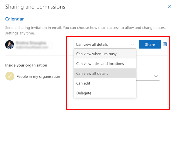 Pic. 8. Configuring permissions for a colleague in OWA.