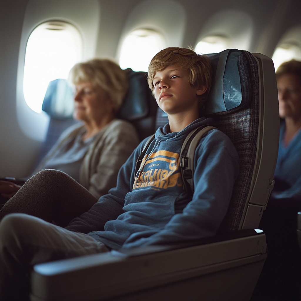 A teenage boy with his knees sticking up as he sits in an airplane | Source: Midjourney