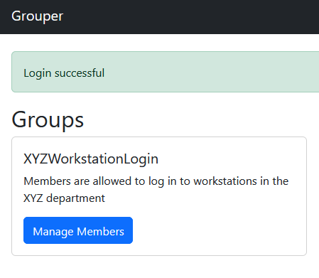 Groups page of Grouper. An example Group, inlcuding name, description, and Manage Members button, is shown