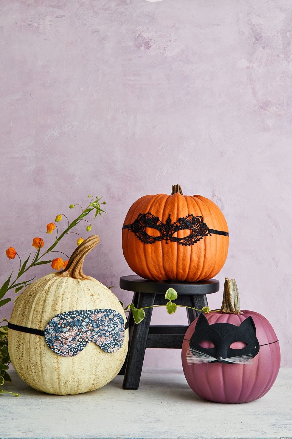 diy halloween decorations, three pumpkins with eye masks