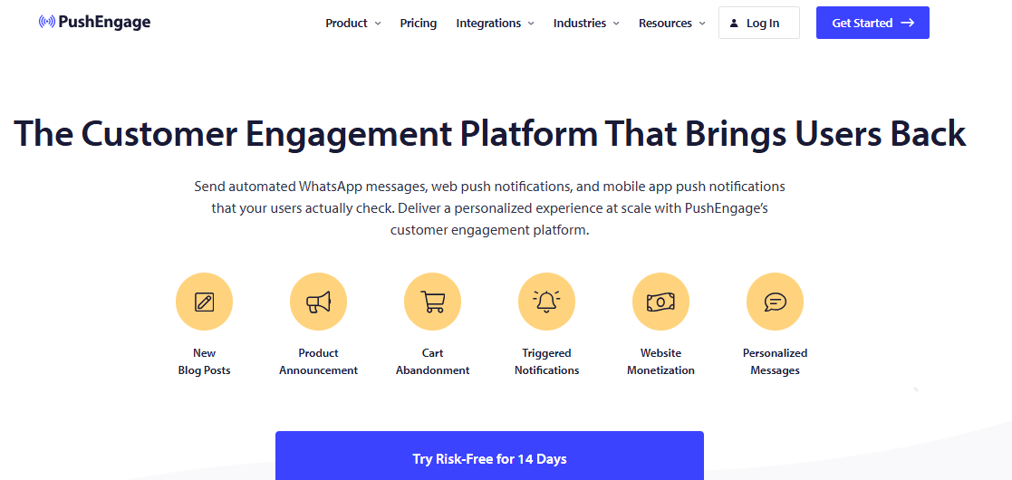 A snapshot of the homepage of PushEngage