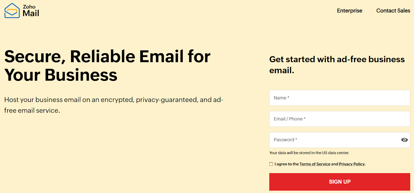 Zoho Mail ad featuring a signup form for ad-free business email, with fields for name, email/phone, and password.