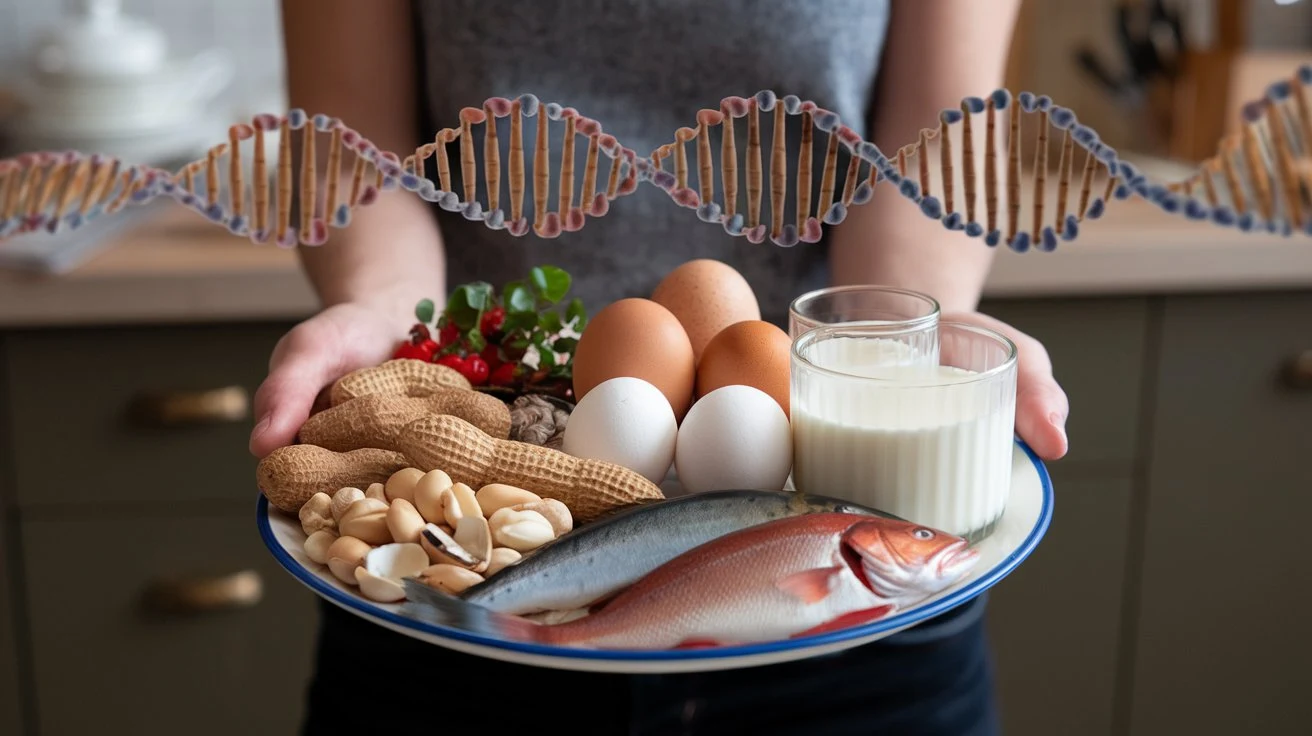 Person Holding Plate of Allergenic Foods with DNA Strand