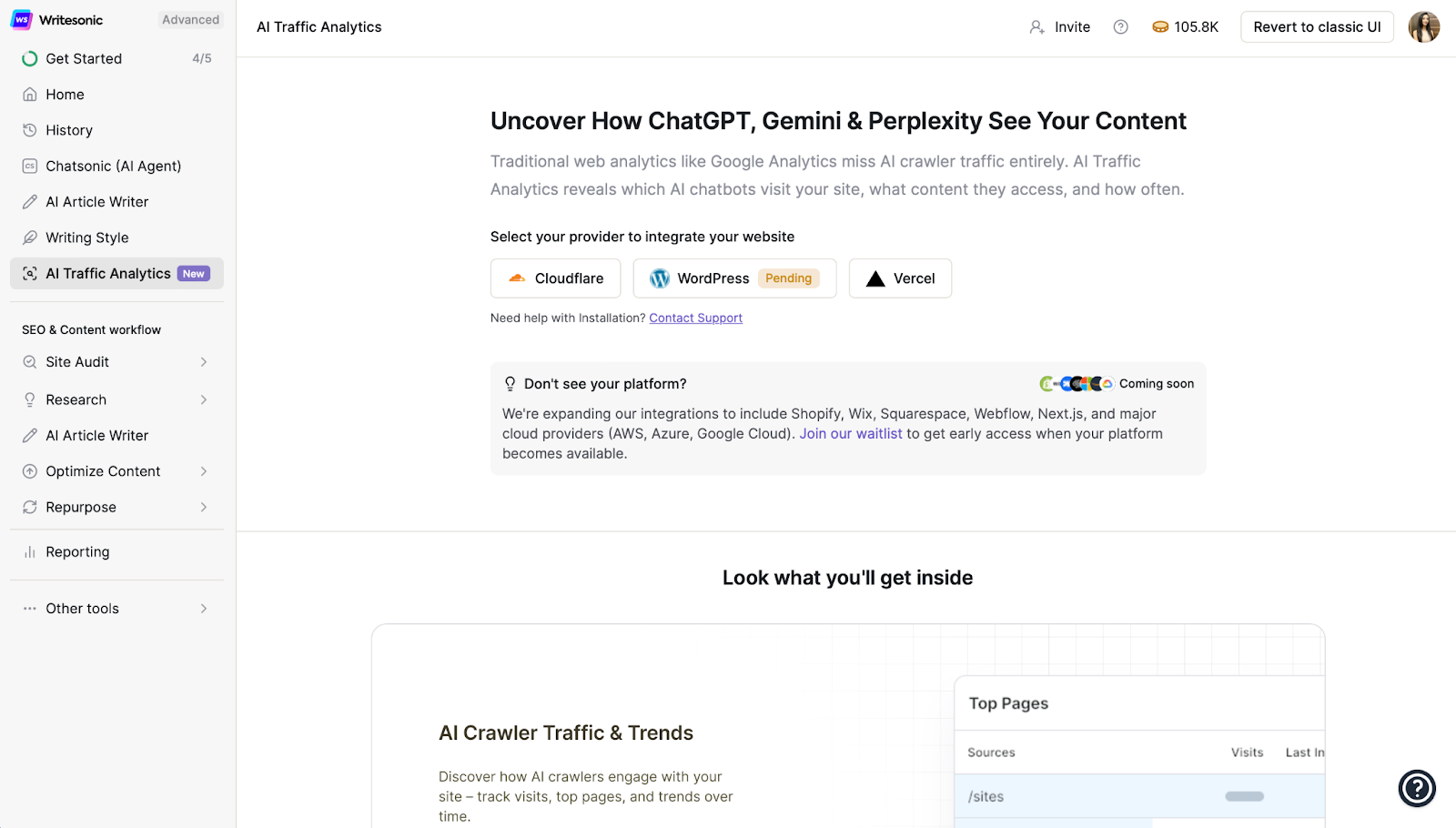 Writesonic AI Traffic Analytics - Top Generative Engine Optimization Tools