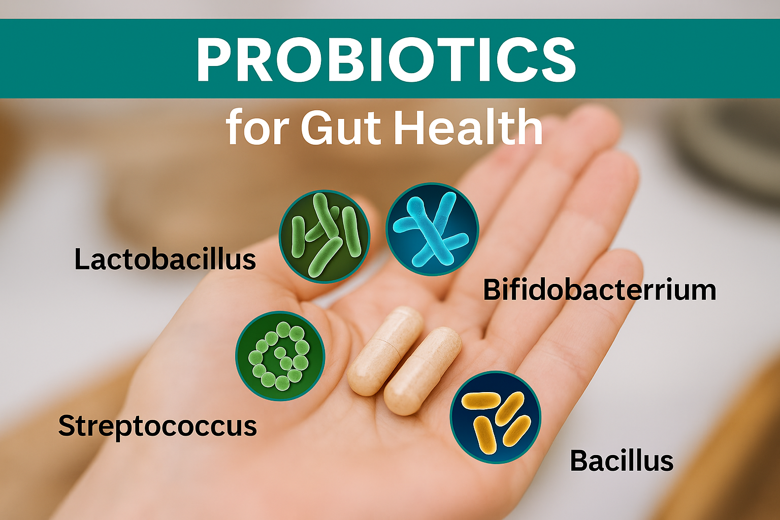 2 capsules on hand with 4 illustrations of gut bacteria labelled: Lactobacillus, Bifidobacterium, Streptococcus, and Bacillus – probiotics for gut health