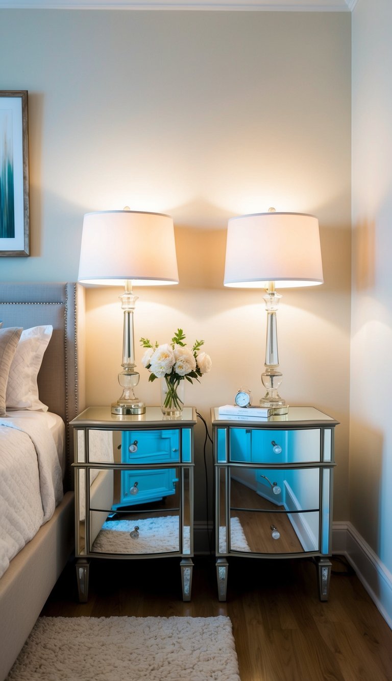 Two mirrored nightstands with elegant lamps flank a king-sized bed in a softly lit master bedroom