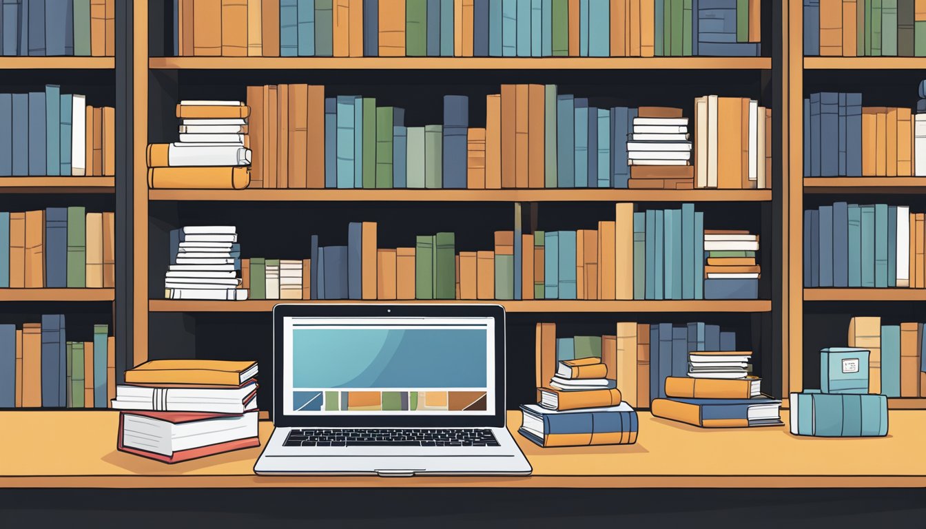 Books neatly arranged on a shelf with Amazon logo in the background, a laptop open to the Amazon seller dashboard, and a package ready for shipping