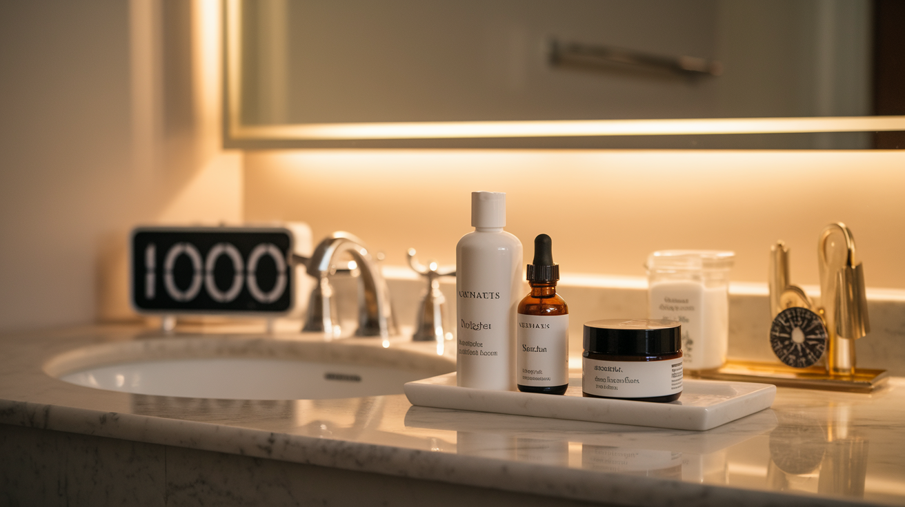 Create a realistic image of a serene bathroom counter with nighttime skincare products arranged neatly, including cleansers, serums, and night creams, softly illuminated by warm ambient lighting, with a clock showing 10:00 PM in the background, suggesting the ideal time for a nighttime skincare routine.