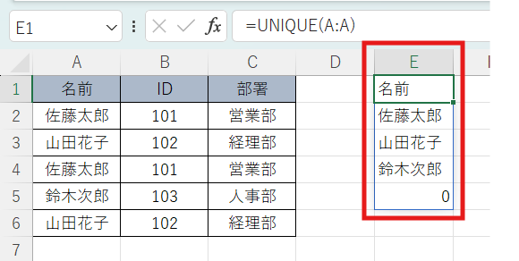 一意の値だけを抽出