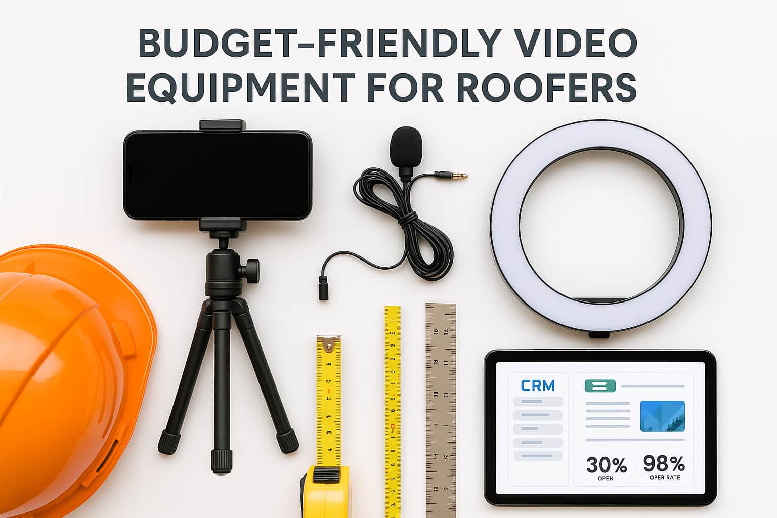 Essential video equipment for roofing business marketing including smartphone, microphone, and safety gear for creating high-quality YouTube content.