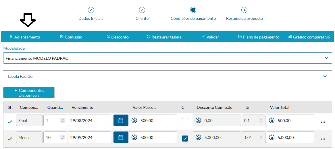 Tela mostrando o Adiantamento de Sinal no TOTVS Construção, Portal de Imóveis