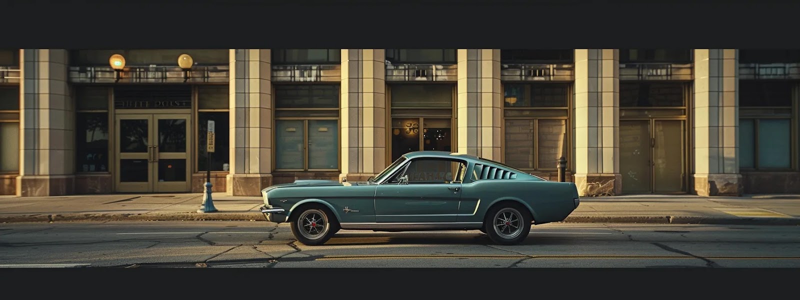 a vintage ford mustang parked in front of the oklahoma insurance department building, symbolizing cost-saving insurance choices for budget-conscious drivers.