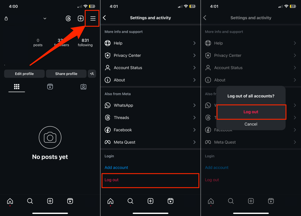 Steps to log out the Instagram mobile app