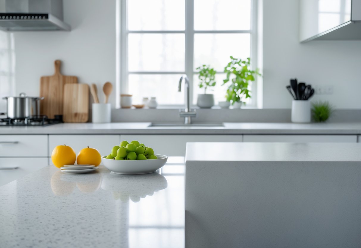 A modern kitchen showing two different countertop materials side by side, one quartz and one solid surface, with kitchen items arranged on each.