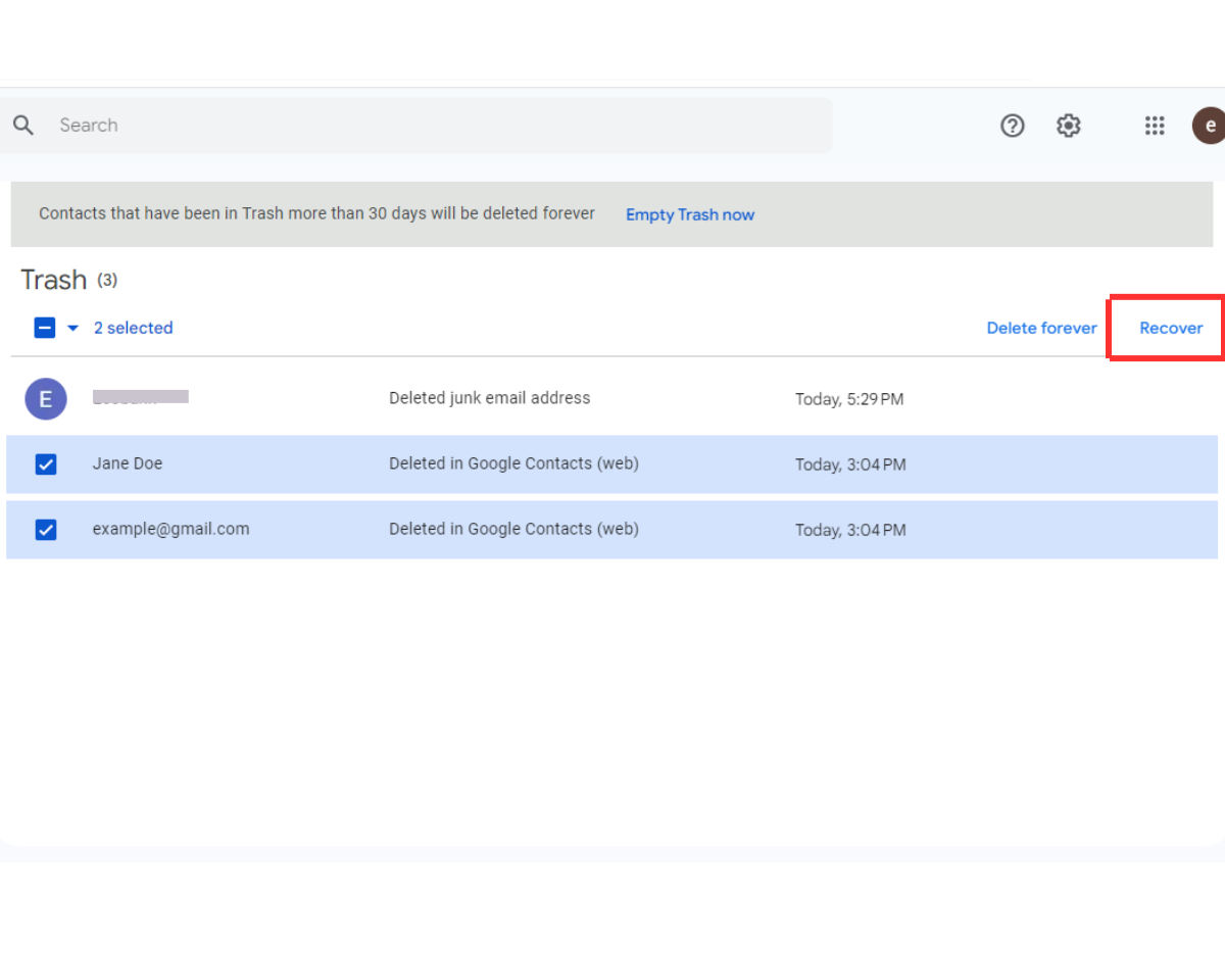 How to recover multiple deleted contacts in Gmail: Select all the contacts, then click the Recover button at the top right corner
