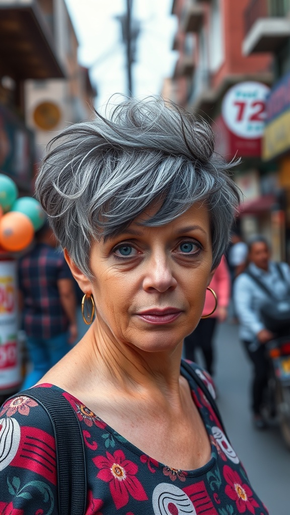 A woman with a short, textured hairstyle walking in a busy street.
