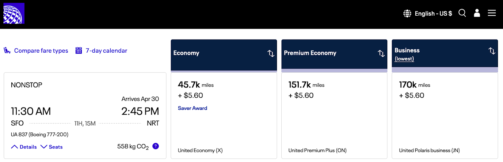 SFO to NRT with points