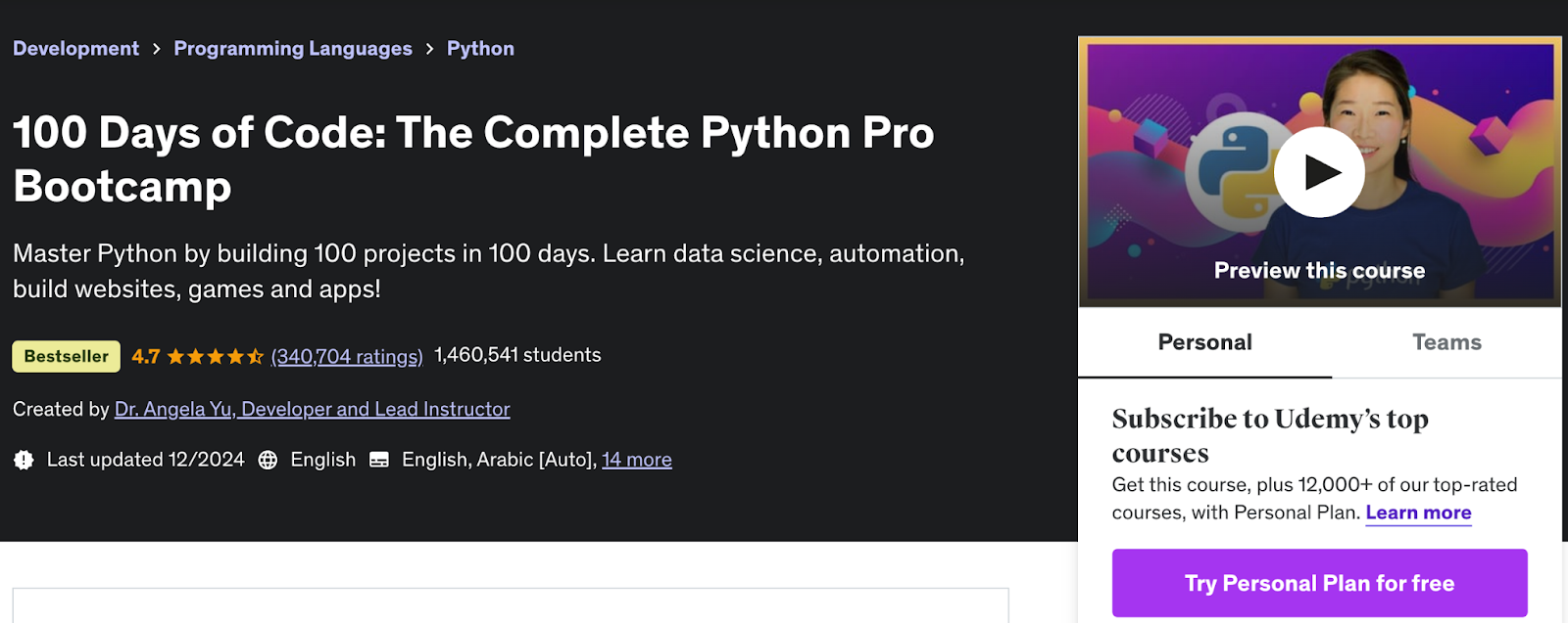 100 Days of Code: The Complete Python Pro Bootcamp on Udemy