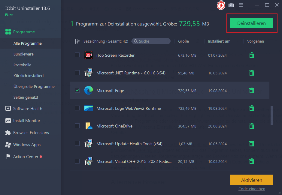 Microsoft Edge mit IObit Uninstaller deinstallieren