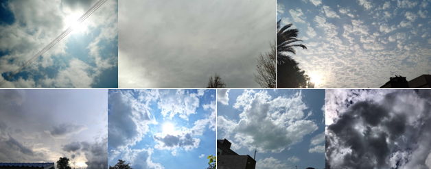 Collection of sky photos. The first one is a blue sky with a lot of it covered by thin, puffy clouds. The second one is a photo of the sky completely covered by thick clouds. The third one has many small puffy clouds. The fourth one shows a greyish sky with clouds and some sunlight coming through.  The fifth one has a blue sky, with a lot of sunlight and with some large puffy clouds. The sixth one has a blue sky with thick puffy clouds blocking the Sun. The last one shows a sky almost completely covered by thick puffy clouds, the bases of the clouds look very dark but still some sunlight goes through tiny spaces among the clouds.