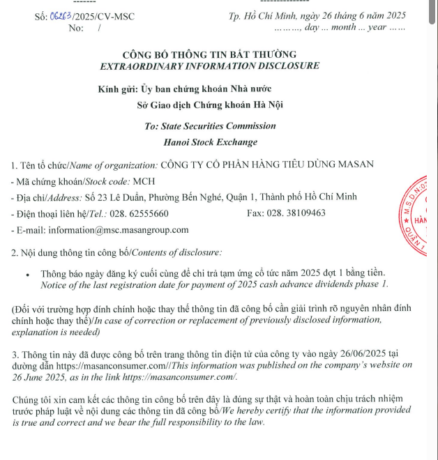 Masan Consumer công bố ngày đăng ký cuối cùng để cổ đông nhận tạm ứng cổ tức đợt 1/2025 (Nguồn: Masan Consumer)