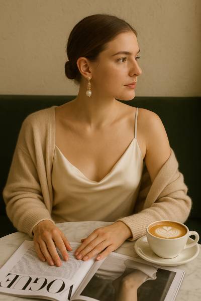 Laura B earrings styled for casual brunch in soft glam look