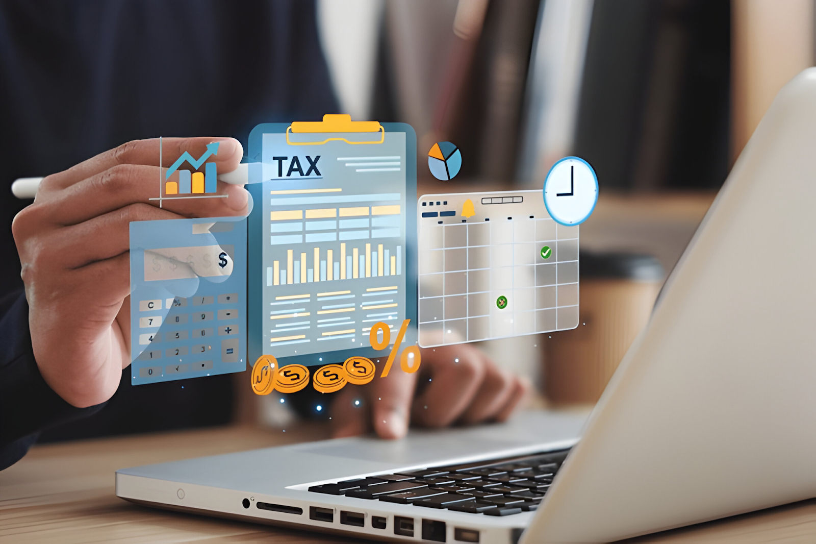 A person interacting with a digital interface displaying tax forms, a calculator, and financial charts, symbolizing the process of filing payroll taxes.






