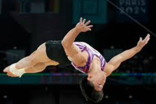 A person in a purple and white leotard

Description automatically generated