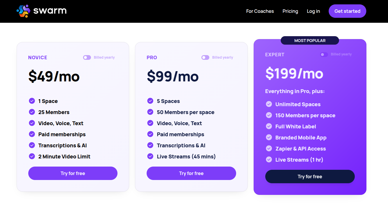Swarm pricing page