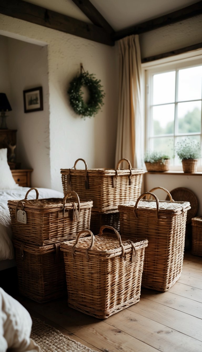 Several wicker storage baskets arranged in a cozy country farmhouse bedroom with rustic decor and natural light streaming in through the window