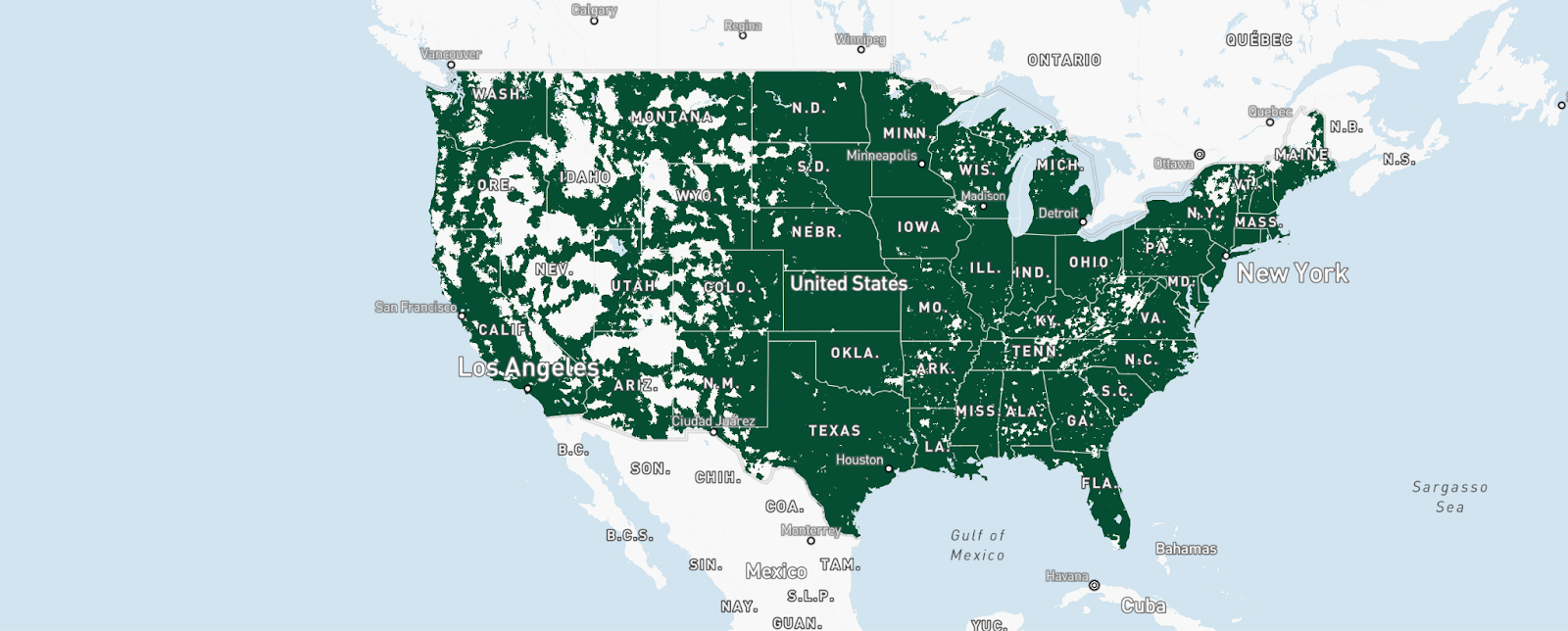 A screenshot of MintMobile coverage map USA