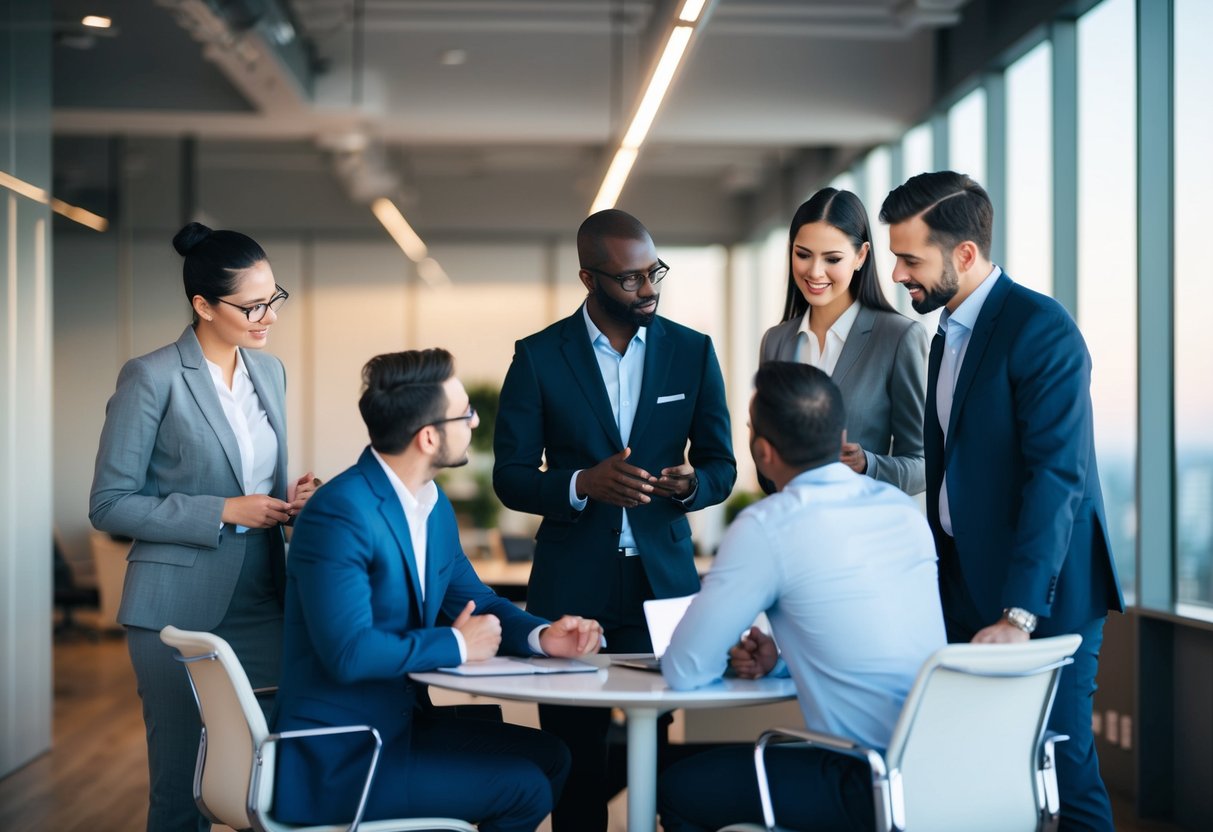 A group of consultants discussing and brainstorming in a modern office setting